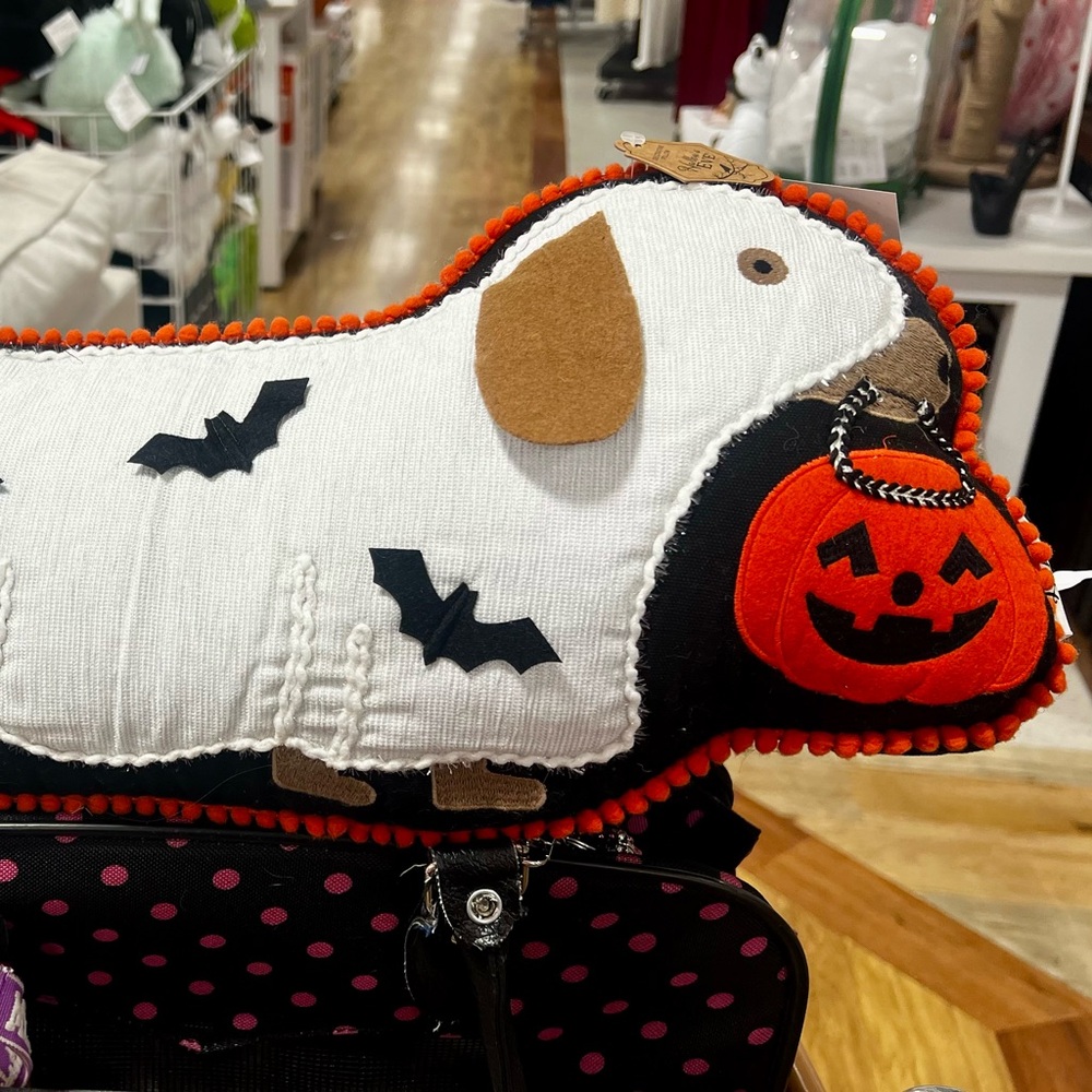 NEW HALLOWS EVE Festive Halloween DACHSHUND GHOST WITH BATS Pillow